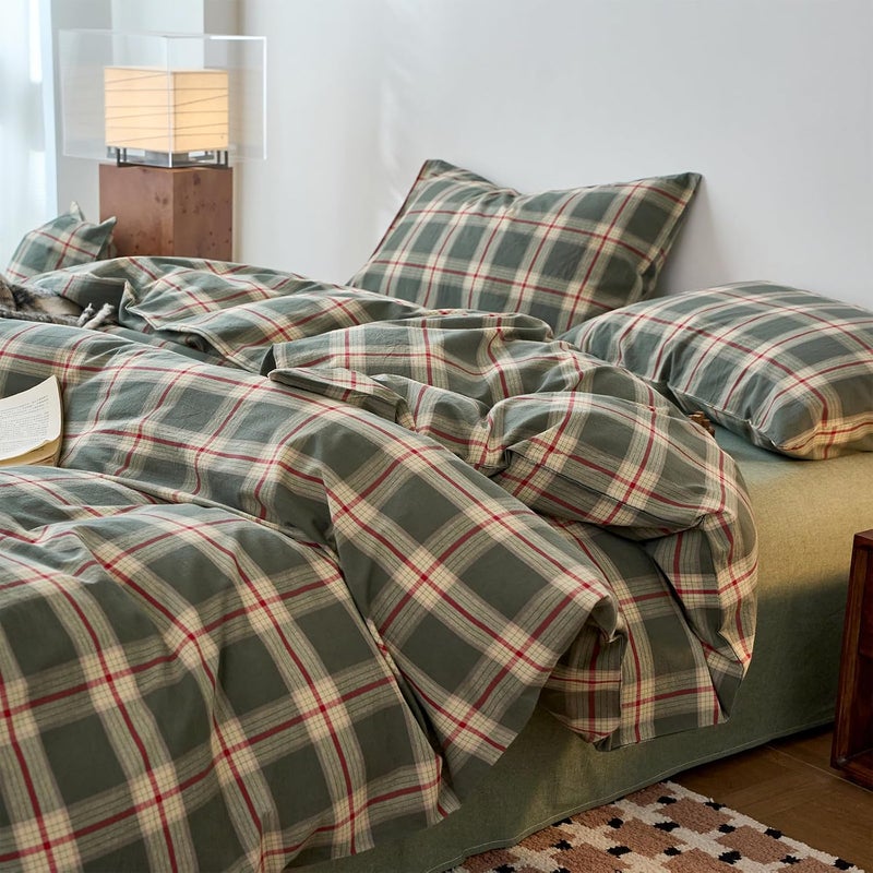 EAVD Vintage Style Green Plaid Duvet Cover Queen Soft 100% Washed Cotton Red Green Grid Checkered Bedding Set with 2 Pillowcases Retro Farmhouse Geometric Grid Duvet Cover with Zipper Closure - Image 4