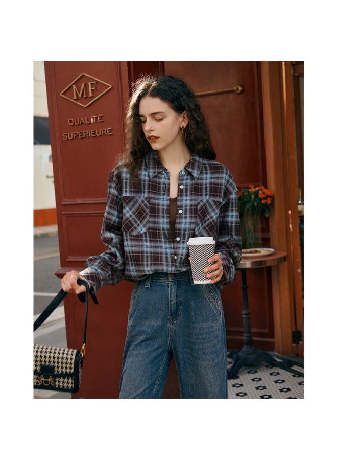 Olrain Women's Casual Vintage Brushed Plaid Shirt Jacket Long Sleeve Blue Plaid S Autumn - Image 1