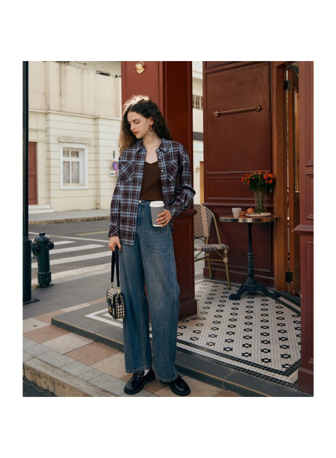 Olrain Women's Casual Vintage Brushed Plaid Shirt Jacket Long Sleeve Blue Plaid S Autumn - Image 2