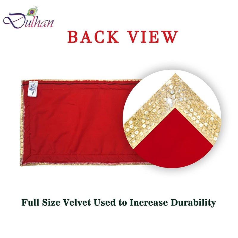 Dulhan DLC CD Lace Sequin Work Red Velvet Pooja Cloth Asan for God Idol 10 x 20 inch Altar Cloth for Puja mandir Pack of 2 Small chowki Aasan kapda for bhagwan Home Temple Diwali Decoration Cloth mat - Image 3