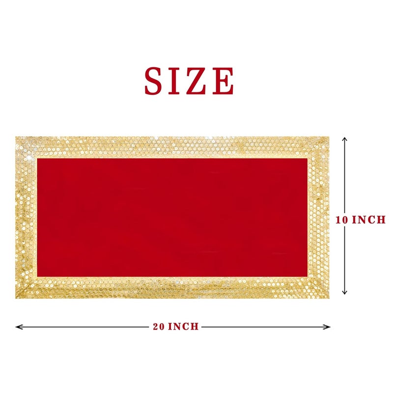 Dulhan DLC CD Lace Sequin Work Red Velvet Pooja Cloth Asan for God Idol 10 x 20 inch Altar Cloth for Puja mandir Pack of 2 Small chowki Aasan kapda for bhagwan Home Temple Diwali Decoration Cloth mat - Image 2