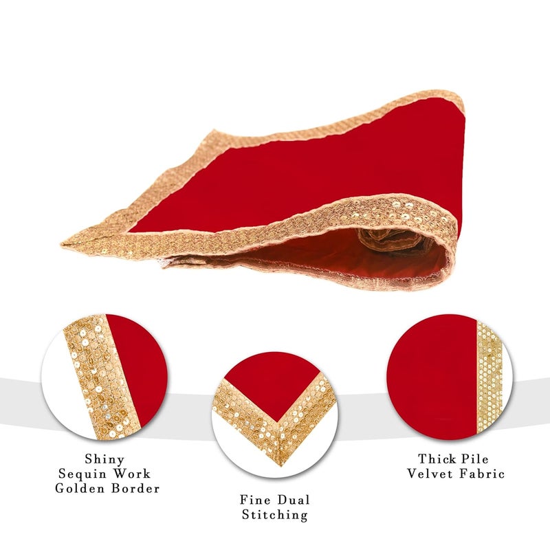 Dulhan DLC CD Lace Sequin Work Red Velvet Pooja Cloth Asan for God Idol 10 x 20 inch Altar Cloth for Puja mandir Pack of 2 Small chowki Aasan kapda for bhagwan Home Temple Diwali Decoration Cloth mat - Image 4