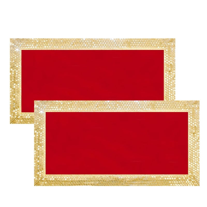 Dulhan DLC CD Lace Sequin Work Red Velvet Pooja Cloth Asan for God Idol 10 x 20 inch Altar Cloth for Puja mandir Pack of 2 Small chowki Aasan kapda for bhagwan Home Temple Diwali Decoration Cloth mat - Image 1