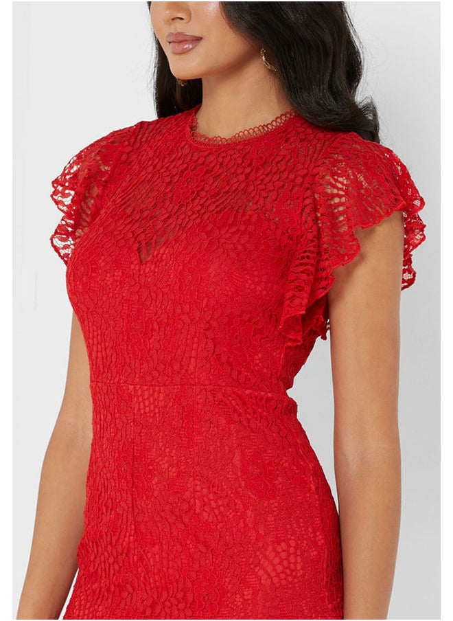 Flutter Sleeve Lace Insert Dress
