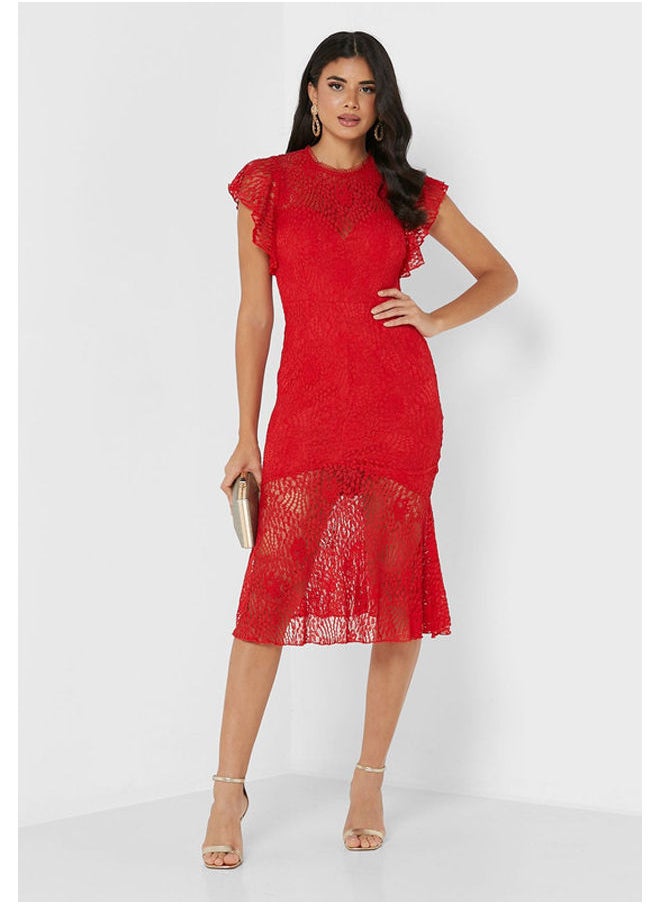 Flutter Sleeve Lace Insert Dress