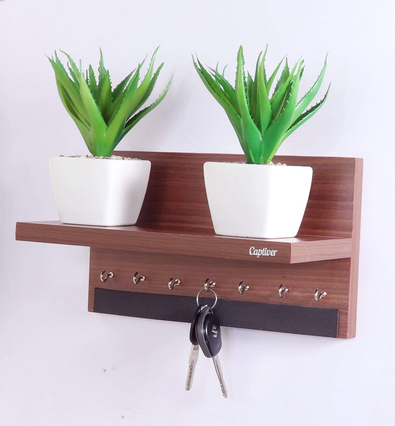 Captiver Engineered Wood Wall Mount Key Holder with Storage Shelf (7 Hooks, Teak) Home Office Living Room Bedroom Antique Decor Items Keyholder - Image 1