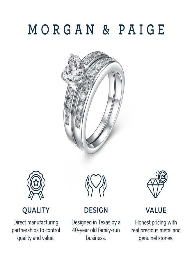 مورجان آند بايدج طقم خاتم زفاف وخطوبة من مورغان آند بيج، مصنوع من الفضة الإسترليني عيار 925 ومطلي بالبلاتين، مرصع بحجر الزركونيا المكعب على شكل قلب، للنساء - طقم خواتم زفاف من الفضة الإسترليني المضادة للحساسية، مجوهرات لها، مقاس 7 - Image 5