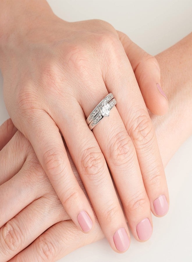 مورجان آند بايدج طقم خاتم زفاف وخطوبة من مورغان آند بيج، مصنوع من الفضة الإسترليني عيار 925 ومطلي بالبلاتين، مرصع بحجر الزركونيا المكعب على شكل قلب، للنساء - طقم خواتم زفاف من الفضة الإسترليني المضادة للحساسية، مجوهرات لها، مقاس 7 - Image 2