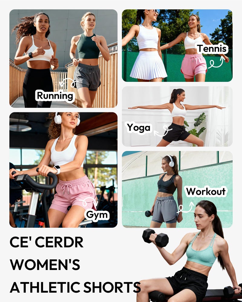 CE' CERDR 5 Pack Women's 2 in 1 Running Shorts High Waisted Athletic Workout Short for Gym Yoga with Liner 4 Pockets,Black,Navy,Dark Grey,Light Grey,Pink,Large - Image 5