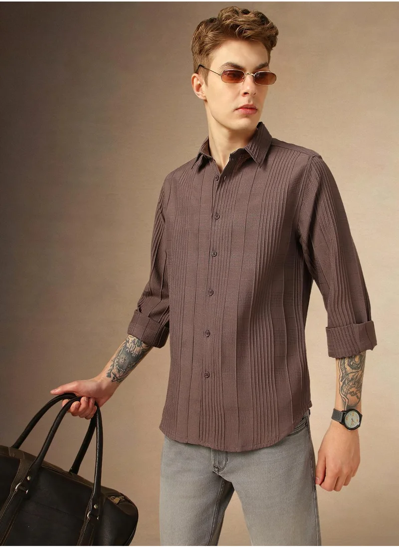 Dennis Lingo Men's Brown 100% Polyester Textured Shirt