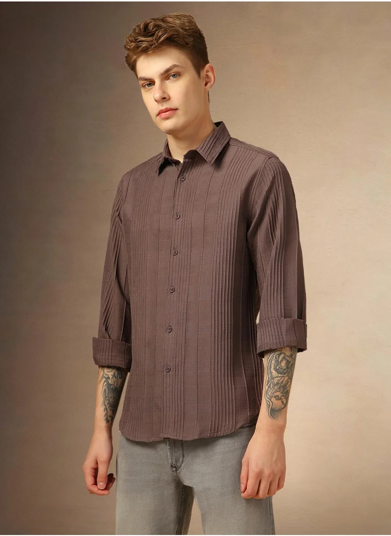 Dennis Lingo Men's Brown 100% Polyester Textured Shirt