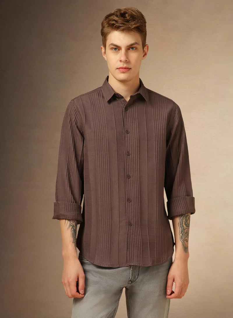 Dennis Lingo Men's Brown 100% Polyester Textured Shirt