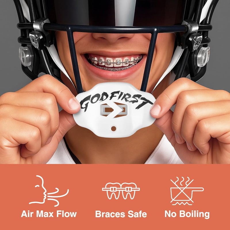 SLEEFS Football Mouth Guard - Youth Mouthguard with Strap - Lip/Teeth Protector Mouthpiece - No Boil - for Youth/Adults, Maximum Air Flow, for All Sports - God First in White - Image 2