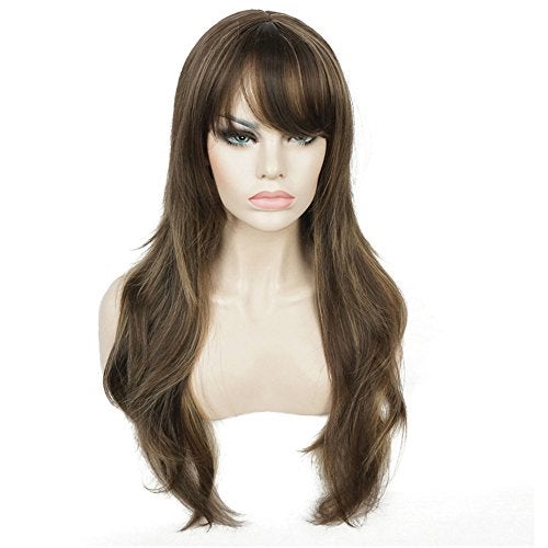 Aimole Women's Wig Long Straight Layered Wig Brown with Blonde Highlights Synthetic Wigs 24 Inches - Image 2
