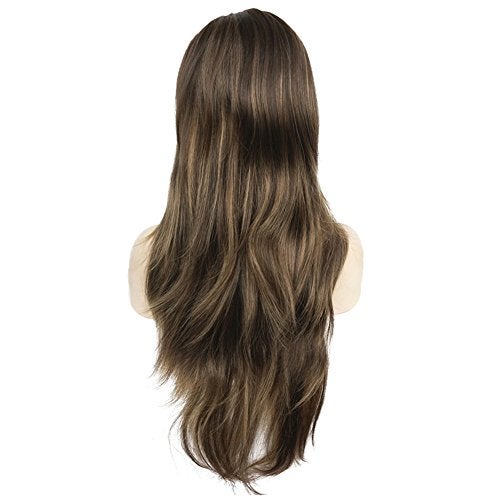 Aimole Women's Wig Long Straight Layered Wig Brown with Blonde Highlights Synthetic Wigs 24 Inches - Image 5