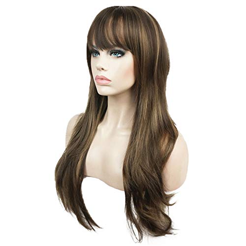 Aimole Women's Wig Long Straight Layered Wig Brown with Blonde Highlights Synthetic Wigs 24 Inches - Image 1