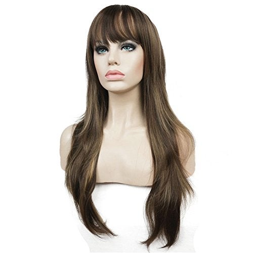 Aimole Women's Wig Long Straight Layered Wig Brown with Blonde Highlights Synthetic Wigs 24 Inches - Image 3