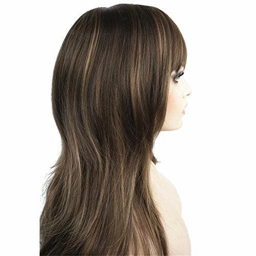 Aimole Women's Wig Long Straight Layered Wig Brown with Blonde Highlights Synthetic Wigs 24 Inches - Image 4