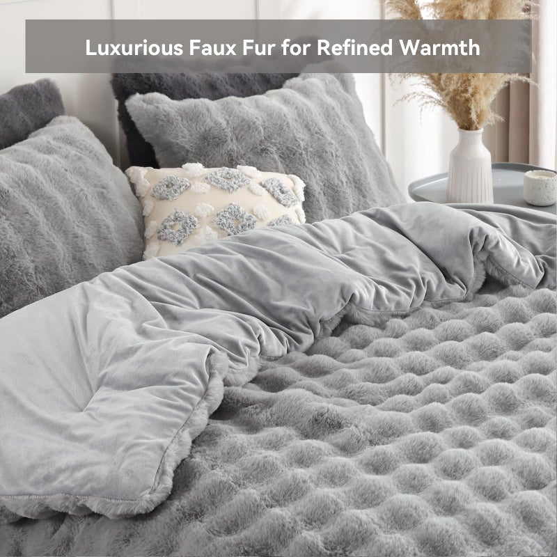 YIKUSH Light Gray Comforter Set Queen â€“ Ultra Soft & Warm Faux Fur Comforter for Winter, Elegant Fluffy Comforter Queen Set with Pillowcases, Cozy Gray Queen Bedding Set - Image 3