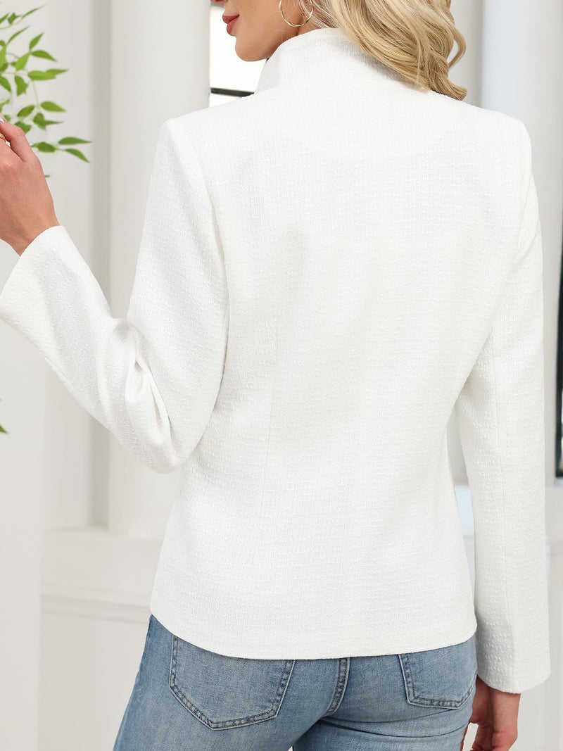 ELLEVEN Womens Blazer Business Casual Suit Jacket Tweed Blazers for Women Slim Fit Fitted Long Sleeve Stand Collar Blazer Dressy Full Lining Coat Cardigan with Padded Shoulder All White X-Large - Image 2