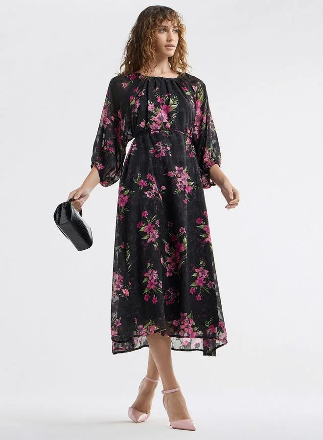 Splash FAV Floral Print Midi Dress with Batwing Sleeves and Tie-Up Detail
