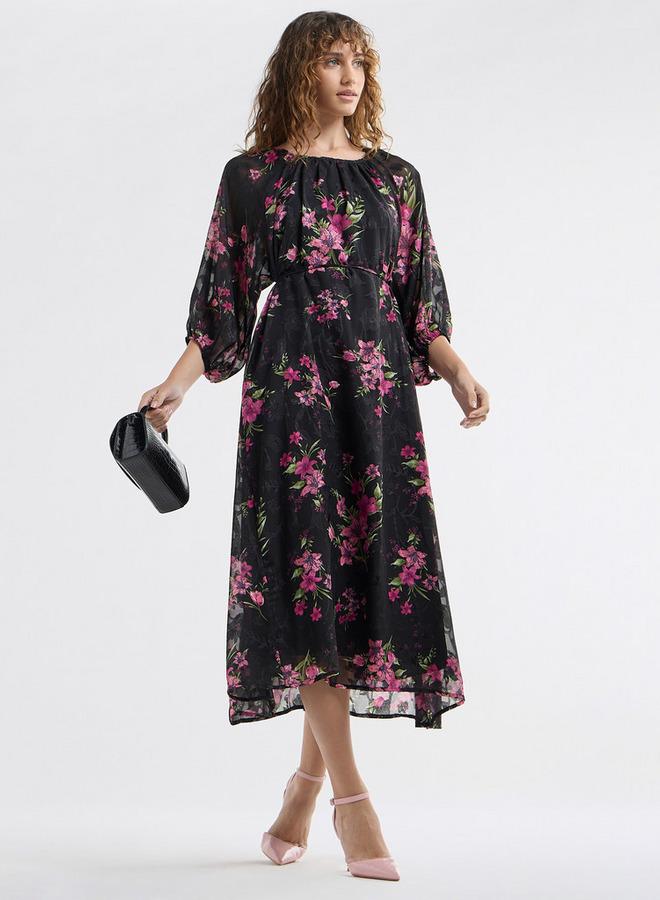 Splash FAV Floral Print Midi Dress with Batwing Sleeves and Tie-Up Detail - Image 1