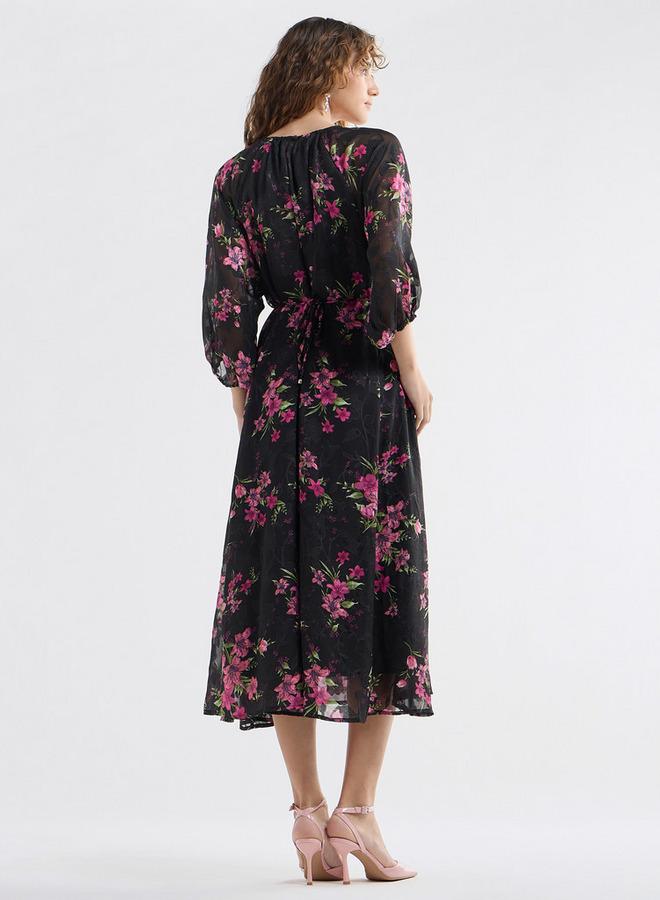 Splash FAV Floral Print Midi Dress with Batwing Sleeves and Tie-Up Detail - Image 3
