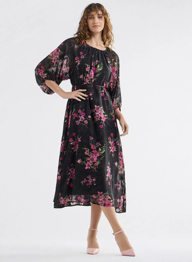 Splash FAV Floral Print Midi Dress with Batwing Sleeves and Tie-Up Detail