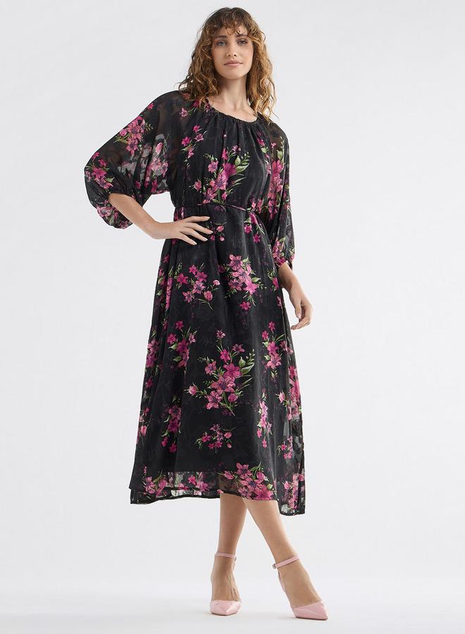 Splash FAV Floral Print Midi Dress with Batwing Sleeves and Tie-Up Detail - Image 2