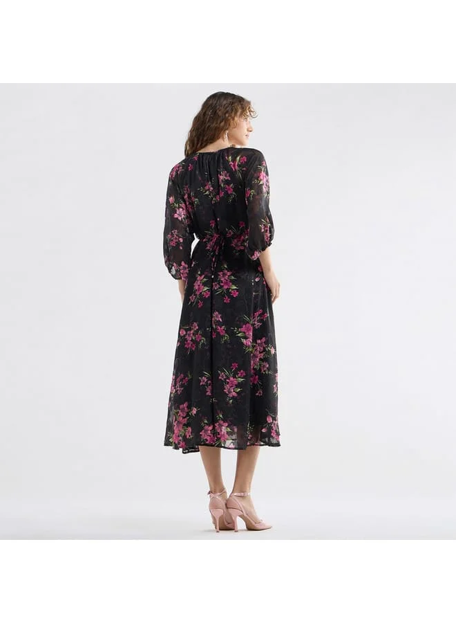 Splash FAV Floral Print Midi Dress with Batwing Sleeves and Tie-Up Detail