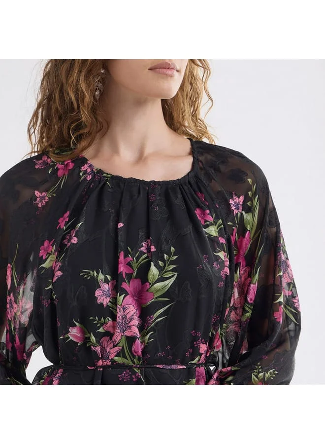 Splash FAV Floral Print Midi Dress with Batwing Sleeves and Tie-Up Detail