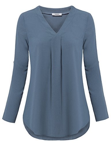 Youtalia Women 3/4 Sleeve Tops, Ladies Chiffon V Neck Blouse Pleated Curved Hem Casual Tunic Tops (XX-Large, Blue Grey) - Image 4