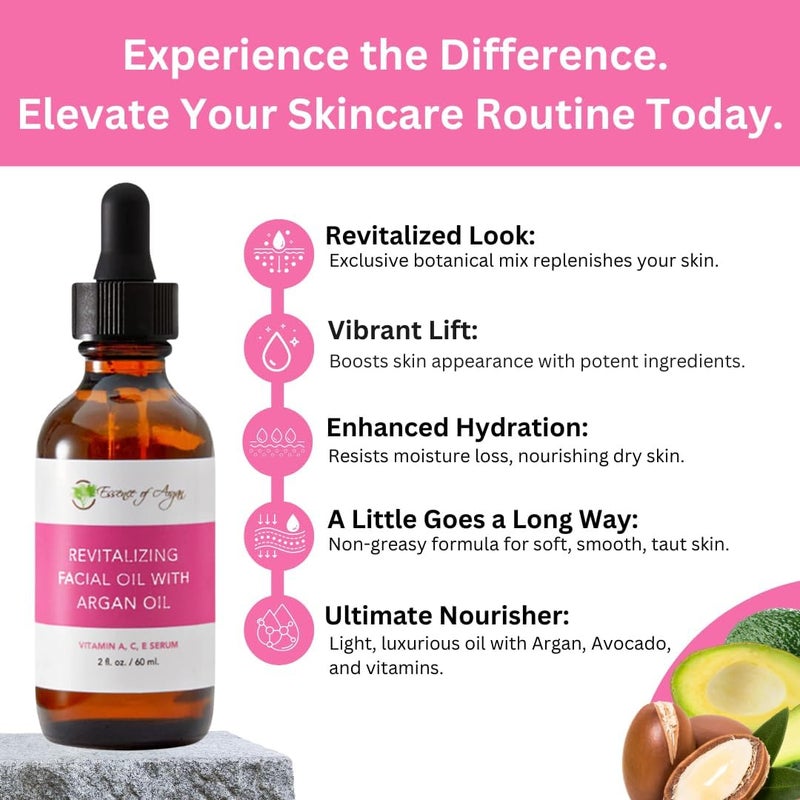 Essence of Argan Vitamin Serum for Face, Revitalizing Serum Oil for Dry Skin with Vitamins A, C, E and Bâ€™s, Argan Oil and Rosa Mosqueta, Rejuvenating and Hydrating Skin Care for Women (2 fl oz/60 ml) - Image 2