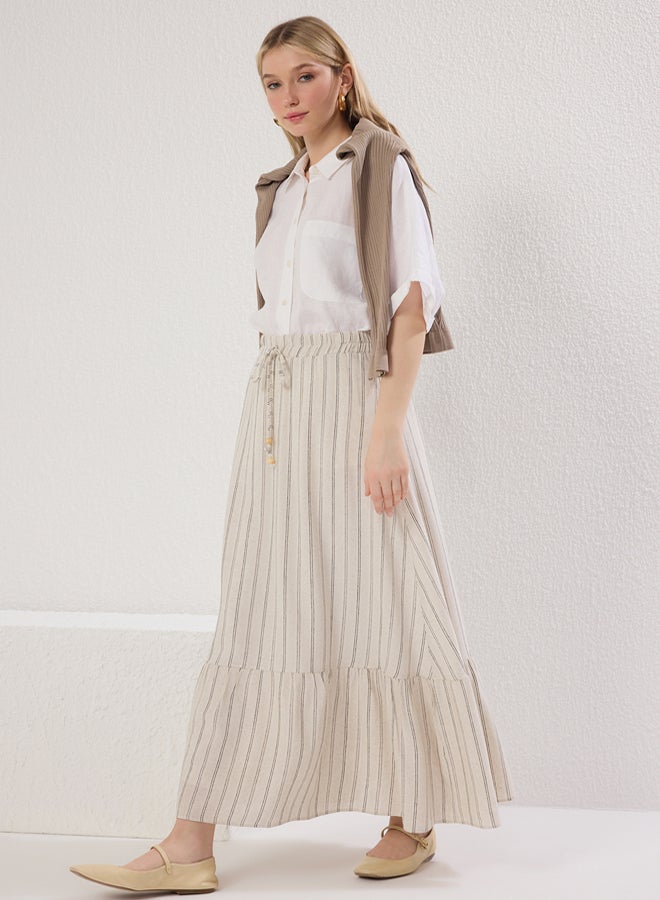 trendyol Beige Striped Linen Look Elastic Waist Woven Skirt - Image 1