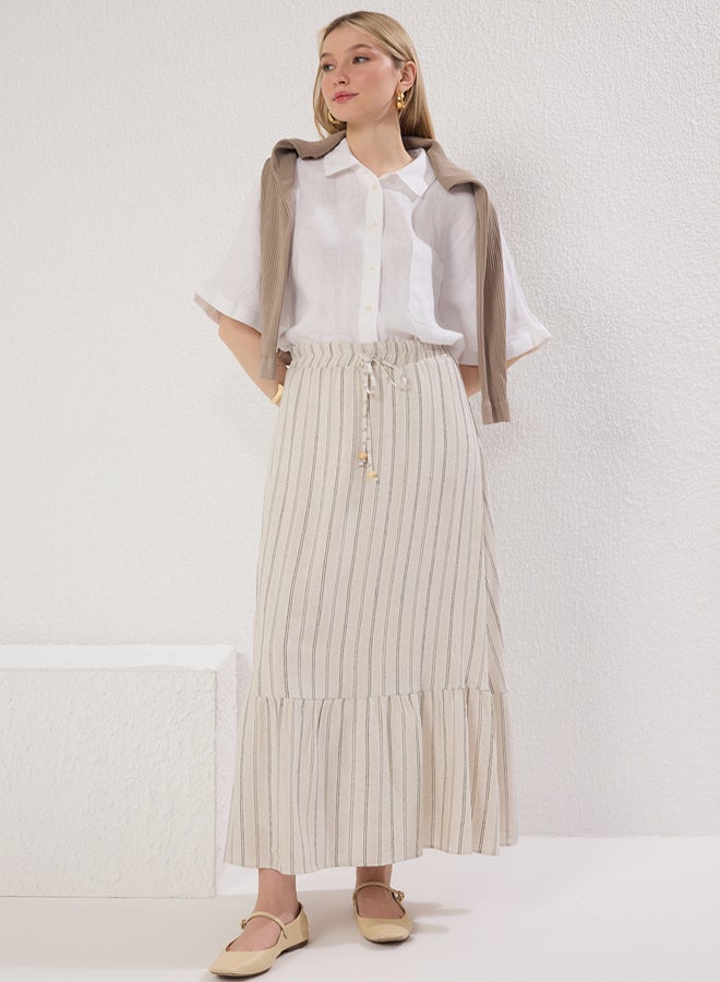 trendyol Beige Striped Linen Look Elastic Waist Woven Skirt - Image 3