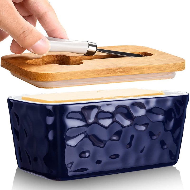 Large Ceramic Butter Dish With Lid and Knife  Double Silicone Seal Unique Stone Design for Countertop Farmhouse Kitchen and Home Decor  Blue