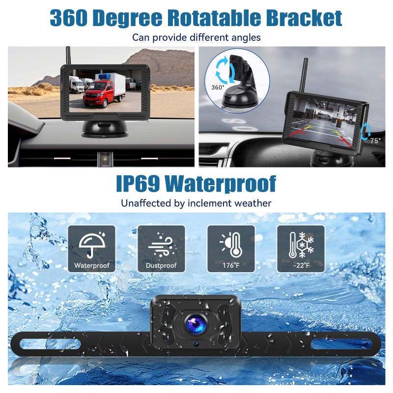 SIXWIN Wireless Backup Camera for Car 4.3 Inch Monitor Digital Signal Stable Rear View Camera Night Vision for Truck/Car/Pickup/SUV/ IP69 Waterproof with License Plate Backup - Image 2