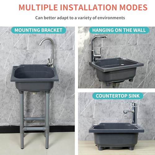 shawoo Freestanding Single Bowl Utility Sink, Kitchen Wall-Mounted Sink 15.1 x 11.2 Inch With 1.26 inch faucet hole, Plastic Sinks for Home, Restaurant, Dorm, Garage, Bathroom,Laundry (grey) - Image 2