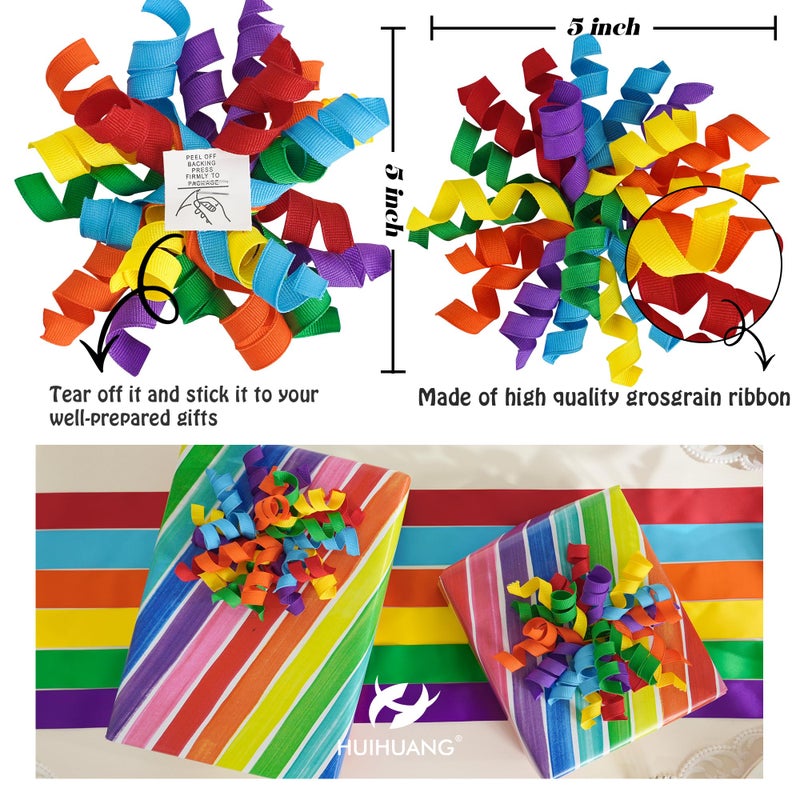 HUIHUANG Rainbow Bows for Gift Wrapping, Birthday Curly Ribbon Bows Self Adhesive Burst Gift Bow for Presents, Wine Bottle, Treat Bags, Birthday, Holiday Party Favors - 6 Counts - Image 2