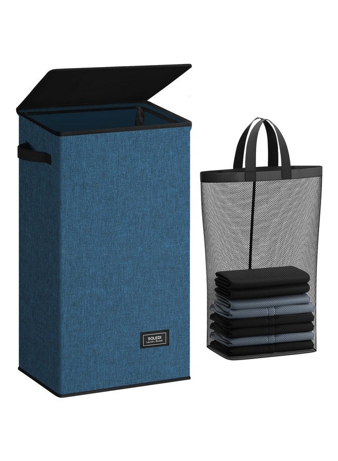 SOLEDI SOLEDI Laundry Hamper with Lid 100L Large & Tall Collapsible Laundry Baskets, Clothes Hamper with Bag Removable Easy to Carry, Dirty Hampers for Bedroom, Bathroom, Dorm, College, Blue - Image 1