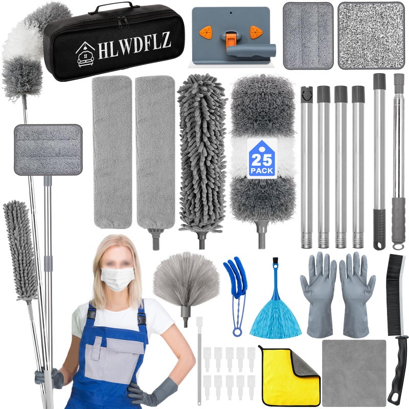 HLWDFLZ Microfiber Duster Kit 25pcs with 30 to 100 Inches Extension Pole and Baseboard Cleaner Tool, Washable and Bendable Feather Duster for Cleaning Ceiling Fans, High Ceilings, Cobwebs, Blinds,Grey - Image 1