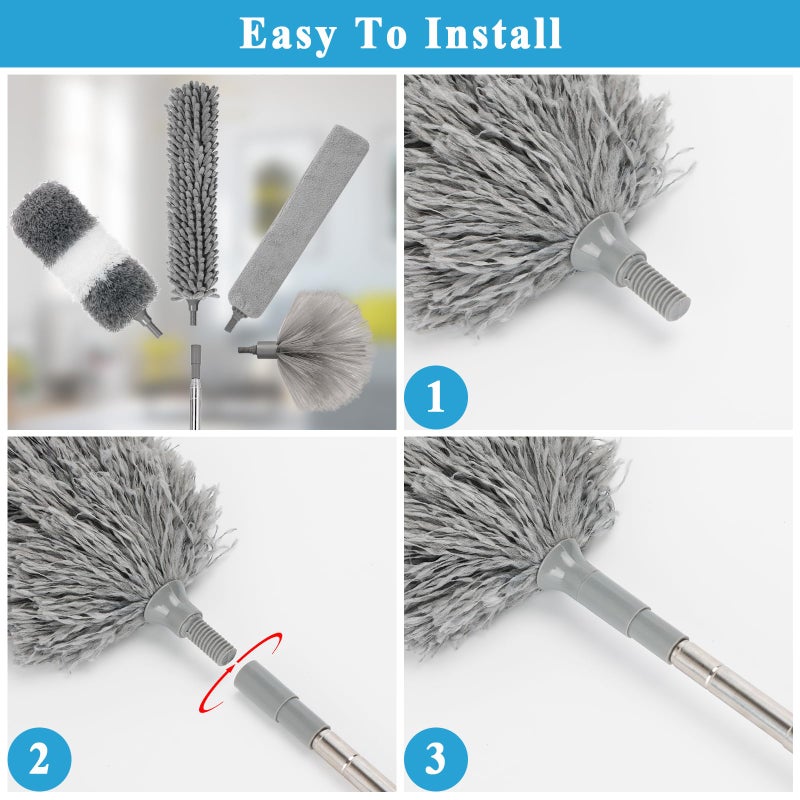 HLWDFLZ Microfiber Duster Kit 25pcs with 30 to 100 Inches Extension Pole and Baseboard Cleaner Tool, Washable and Bendable Feather Duster for Cleaning Ceiling Fans, High Ceilings, Cobwebs, Blinds,Grey - Image 5
