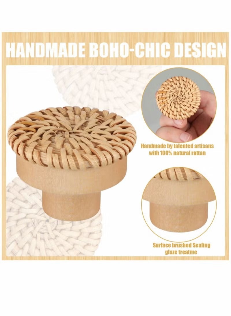 مقابض درج خشبية ، مقابض خزانة من الروطان مستديرة مصنوعة يدويا منسوجة ومسامير لخزائن أثاث بوهو مقابض الأجهزة تسحب الخزانة (6 6 مسامير) - Image 2