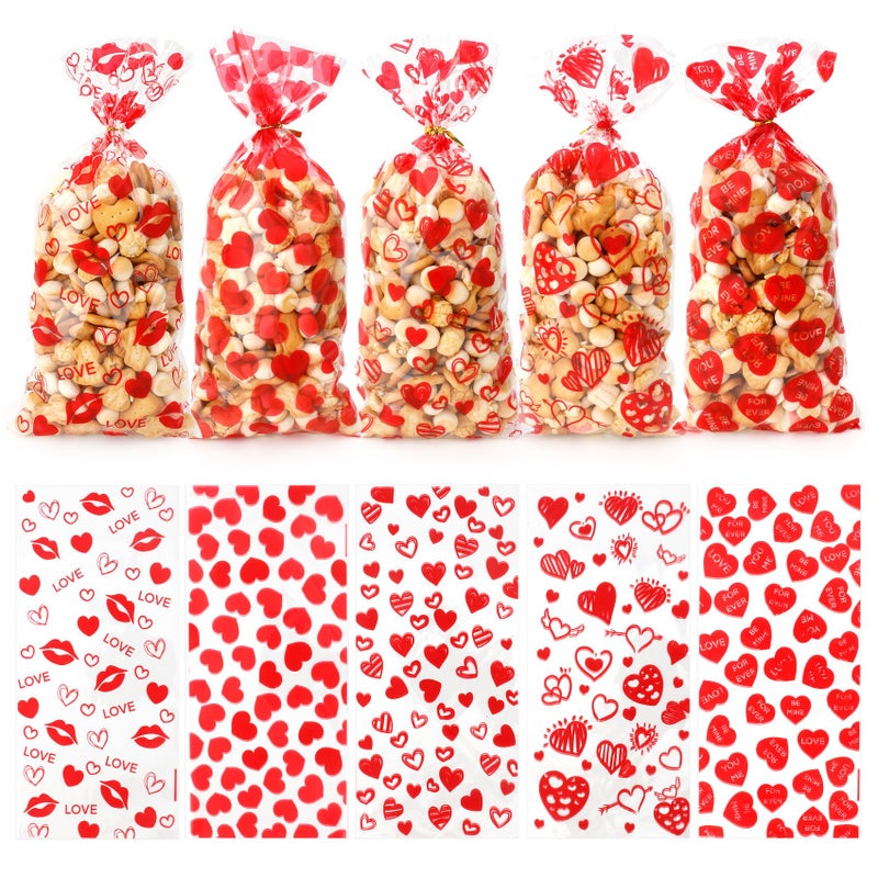 eowqeiur 100 PCS Valentines Cellophane Bags(5x11 Inch) with Ties for Candy Goodie Treat Snack Goody Cookie Small Gifts Wrap Plastic Ziplock Bag Baggies Pouch Valentine Galentine Party Favors Supplies Decor - Image 1