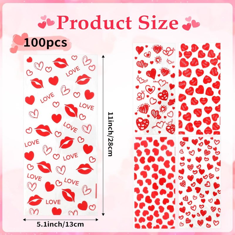 eowqeiur 100 PCS Valentines Cellophane Bags(5x11 Inch) with Ties for Candy Goodie Treat Snack Goody Cookie Small Gifts Wrap Plastic Ziplock Bag Baggies Pouch Valentine Galentine Party Favors Supplies Decor - Image 2