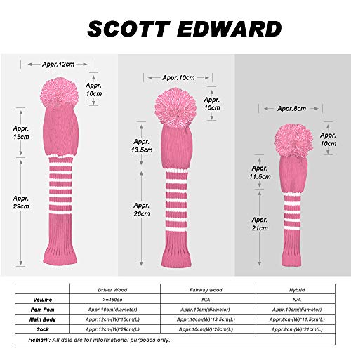 Scott Edward Pink&White Stripes Golf Club Covers Set of 5 Fit for Driver Wood(460cc)*1, Fairway Wood*2,and Hybrid(UT)*2, (Pink&White Stripes) - Image 3
