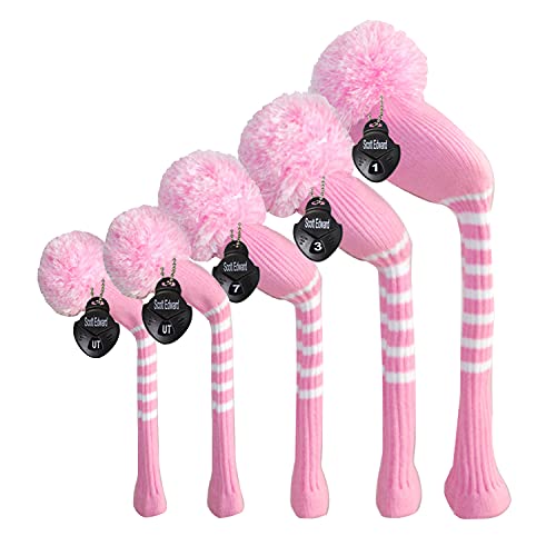 Scott Edward Pink&White Stripes Golf Club Covers Set of 5 Fit for Driver Wood(460cc)*1, Fairway Wood*2,and Hybrid(UT)*2, (Pink&White Stripes) - Image 1