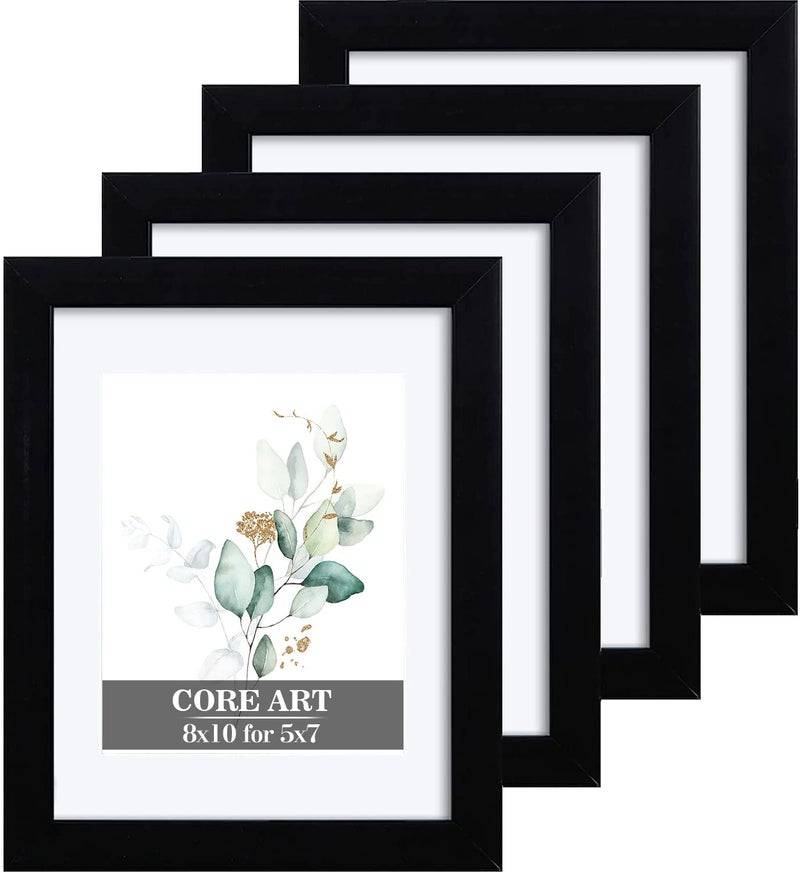 CORE ART 8x10 Black Picture Frame Set of 4Display Pictures 5x7 with Mat or 8 x 10 without MatMulti Photo Frames Collage for Wall or Tabletop Display