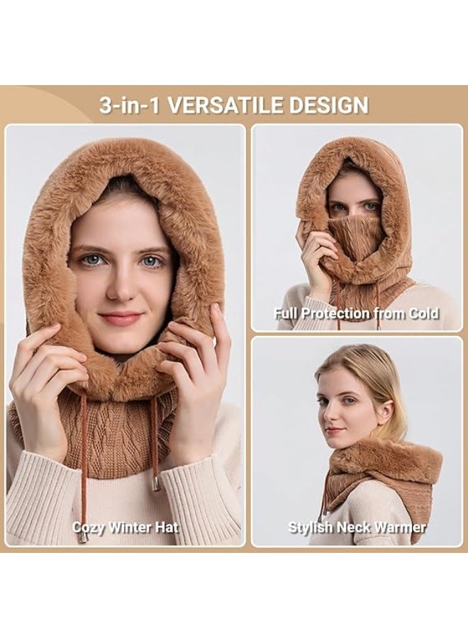 PAWSONIFY Women One Piece Slouchy Fleece Beanie Hats Scarf Mask Drawstring Warm Hooded Winter Balaclava Pullover Knitted Hat - Image 3