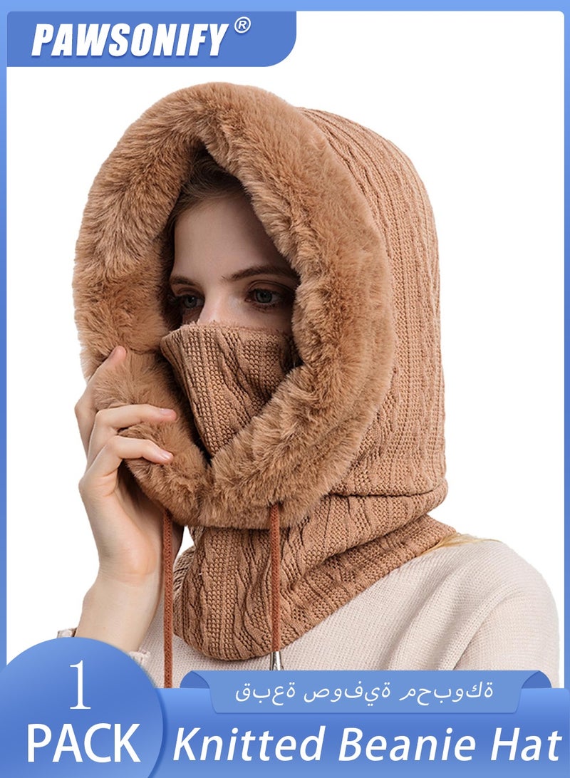 PAWSONIFY Women One Piece Slouchy Fleece Beanie Hats Scarf Mask Drawstring Warm Hooded Winter Balaclava Pullover Knitted Hat - Image 1